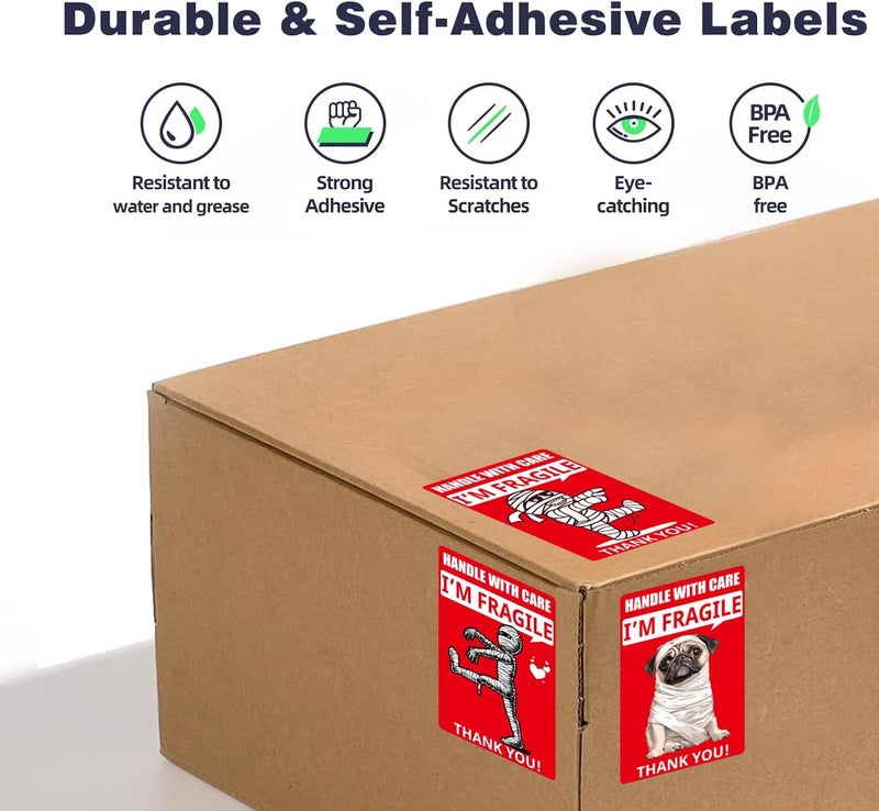 1step2dream Funny Fragile Stickers 3x2inch 500 Labels - Mummy & Dog Design for Shipping Moving Glass, Permanent Adhesive (1 Roll)​ - Image 5